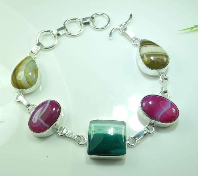 EYECATCHING BOTSWANA AGATE NATURAL GEMSTONE 925 SILVER BRACELET 7.5-8.75 " - R3582 J5