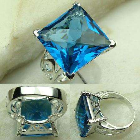 EXQUISITE CHECKERBOARD CUT PARIS BLUE QUARTZ GEMSTONE 925 SILVER RING STAMPED #7