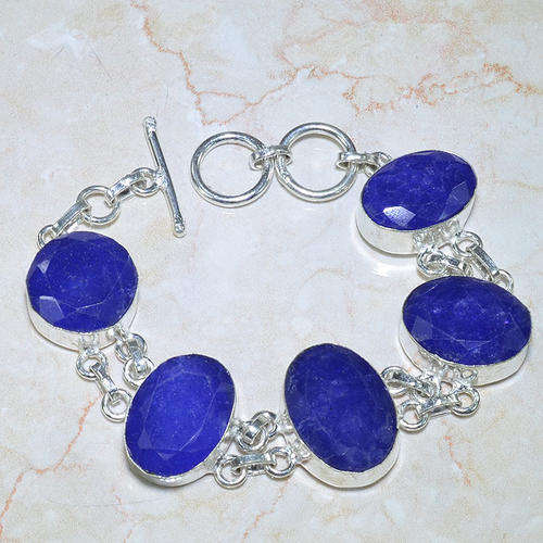 NATURAL EARTH MINED FACETED SAPPHIRE GEMSTONE 925 SILVER BRACELET 6.5-7.5" - E29545 J15