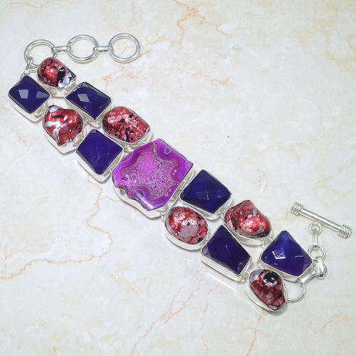 STUNNING!!!! HUGE MULTI NATURAL GEMSTONE 925 SILVER BRACELET 7.5-8.5" + FREE GIFT BOX - E85461 J17