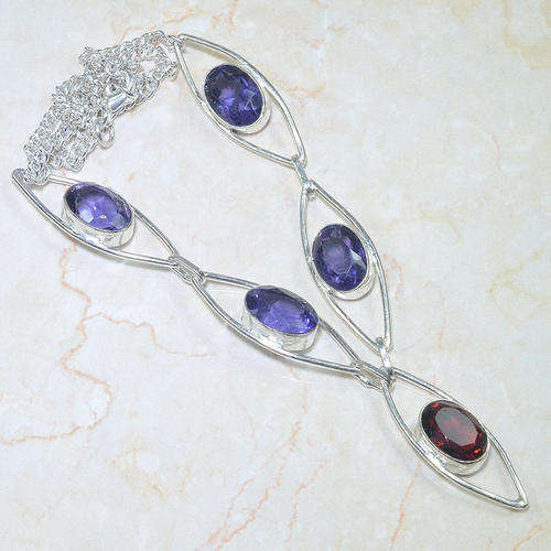 "BARGAIN" NATURAL AMETHYSTS & LAB CREATED RUBY GEMSTONE 925 SILVER NECKLACE 19.5" - F2656 J17
