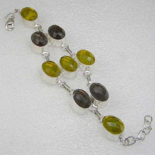 GORGEOUS CKB CUT CITRINE & SMOKY QUARTZ NATURAL GEMSTONE 925 SILVER BRACELET 6-7" - BJB 124936