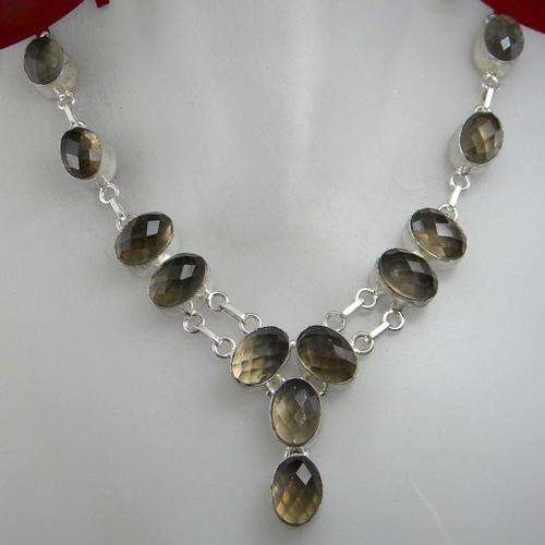 DYNAMIC CHECKERBOARD CUT SMOKY QUARTZ NATURAL GEMSTONE 925 SILVER NECKLACE 18" - BJN 128723