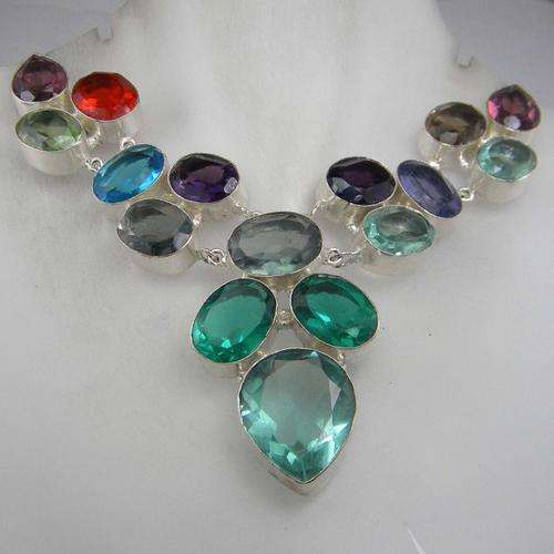 AQUA QUARTZ, PARAIBA QUARTZ & OTHER NATURAL GEMSTONE 925 SILVER NECKLACE 18" - BJN 124858