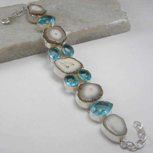 DISTINCT SOLAR QUARTZ & BLUE QUARTZ NATURAL GEMSTONE 925 SILVER BRACELET 7.25-8.75" - BJB 128159