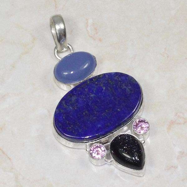 "STUNNER" LAPIS LAZULI, BLUE SUN SITARA & OTHER NATURAL GEMS 925 SILVER PENDANT 2.25" - A8695 J10