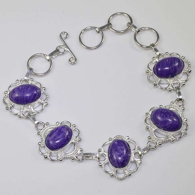 TOTALLY ENCHANTING CHAROITE NATURAL GEMSTONE 925 SILVER BRACELET 7-8.25" - C3878 J13