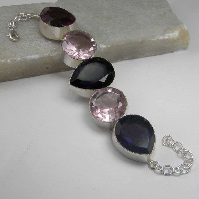 LARGE PURPLE AMETHYST & PINK QUARTZ NATURAL GEMSTONE 925 SILVER BRACELET 6.5-8.75" - BJB128372