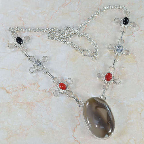 AGATE, RED CORAL, WHITE TOPAZ, BLACK ONYX NATURAL GEMSTONE 925 SILVER NECKLACE 18.5" - V6445 J5