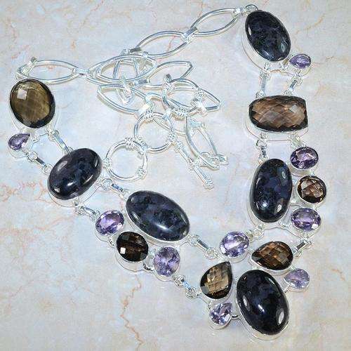 EYE CATCHING AUTUMN COLOURS MULTIPLE NATURAL GEMSTONE 925 SILVER NECKLACE 20.5" -X4034 J9