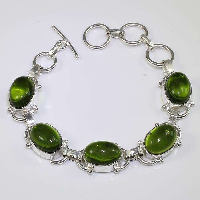BRILLIANT PERIDOT GREEN QUARTZ NATURAL GEMSTONE 925 SILVER BRACELET 6-7.25" - B7563