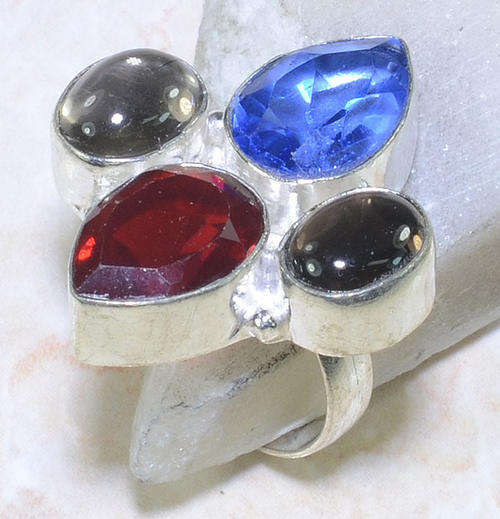 OUTSTANDING PARIS BLUE, RUBY RED QUARTZ NATURAL GEMSTONE 925 SILVER RING #7.5 - G58117