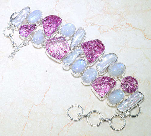 PHENOMENAL SNAKESKIN QUARTZ, RAINBOW MOONSTONE NATURAL GEMS 925 SILVER BRACELET 6.75-8.25" - F44070