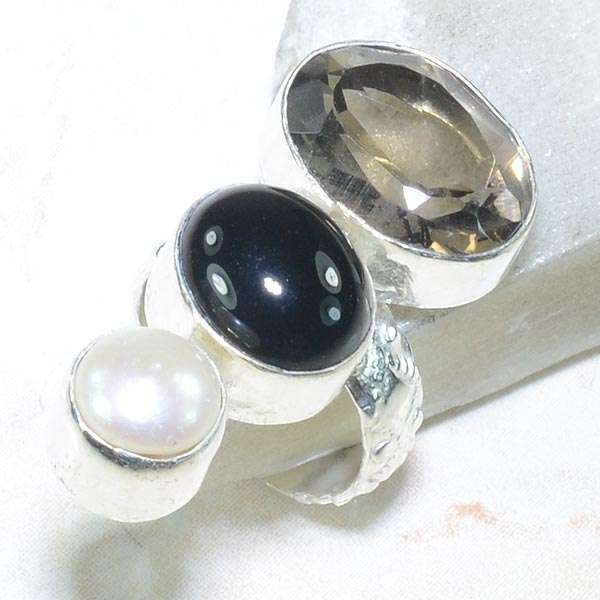 SMOKY QUARTZ, BLACK ONYX & RIVER PEARL NATURAL GEMSTONE 925 SILVER RING #5.5 - F4419 J17