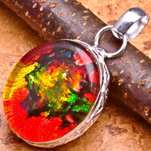 BOLD AND VIBRANT REDS, GREENS AND YELLOWS DICHROIC GEMSTONE 925 SILVER PENDANT 1.5"