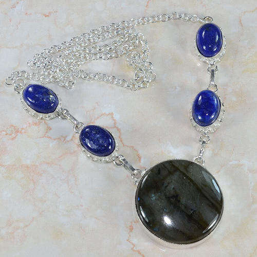 BLUE FIRE LABRADORITE & LAPIS LAZULI NATURAL GEMSTONE 925 SILVER NECKLACE 19" - V6142 J5