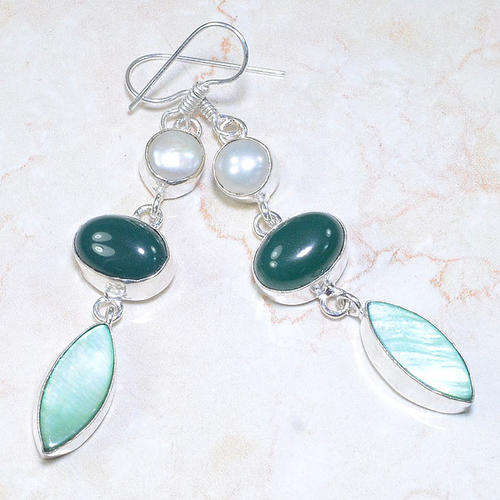 CAPTIVATING EMERALD CABOCHON, MOP & RIVER PEARL NATURAL GEMSTONE 925 SILVER EARRINGS 3" - G65854
