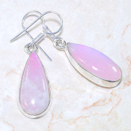 REFRESHINGLY DIFFERENT PINK RAINBOW MOONSTONE NATURAL GEMSTONE 925 SILVER EARRINGS 1.75" - G56849
