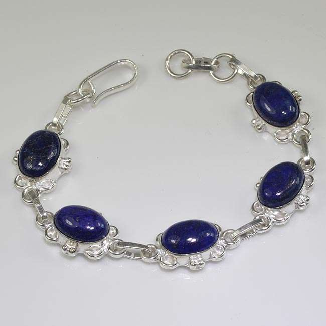 EXTRAORDINARY LAPIS LAZULI NATURAL GEMSTONE 925 SILVER BRACELET 7.5-8" - B8763