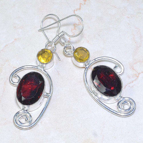 PYROPE GARNET RED QUARTZ & CITRINE NATURAL GEMSTONE 925 SILVER EARRINGS 2" - G65443