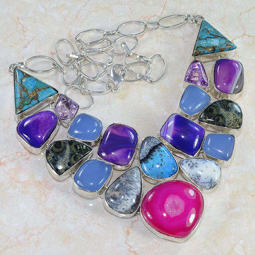 DRUZY, AGATE, DENDRITIC OPAL, SNAKESKIN QUARTZ & OTHER NATURAL GEMS 925 SILVER NECKLACE 19" - V9641