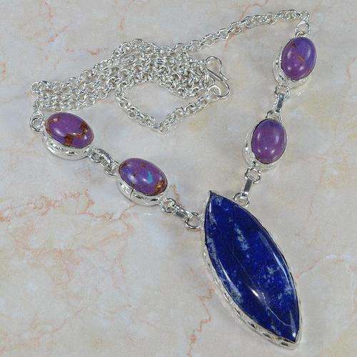 REMARKABLE LAZULITE & COPPER TURQUOISE NATURAL GEMSTONE 925 SILVER NECKLACE 18.25"