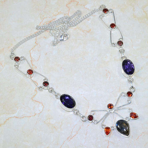 EXQUISITE AMETHYST, MADEIRA ORANGE CITRINE NATURAL GEMSTONE 925 SILVER NECKLACE 20"