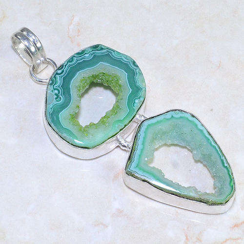 BEYOND EXQUISITE DOUBLE DRUZY NATURAL GEMSTONE 925 SILVER PENDANT 3"