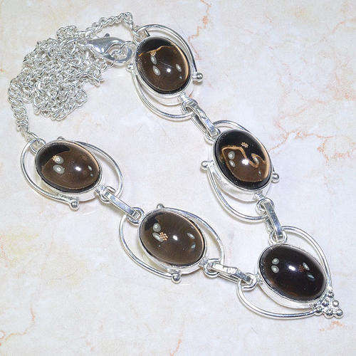 BEAUTIFULLY DESIGNED SMOKY QUARTZ NATURAL GEMSTONE 925 SILVER NECKLACE 19.5"