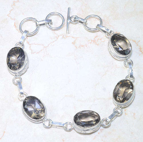 BRILLIANT SMOKY QUARTZ NATURAL GEMSTONE 925 SILVER BRACELET 7.75-8.5"