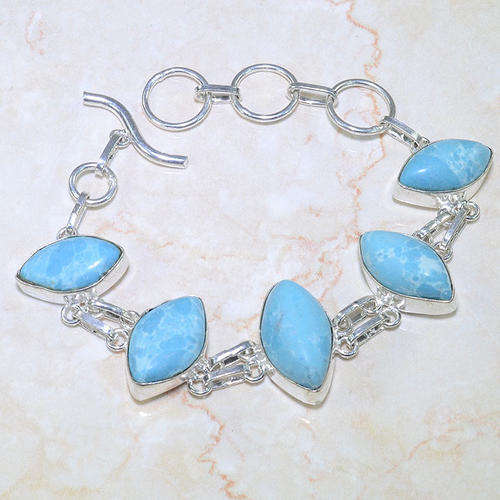 MAGNIFICENT "ATLANTIS STONE" LARIMAR NATURAL GEMSTONE 925 SILVER BRACELET 6.5-7.75"