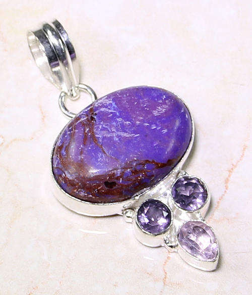 COPPER TURQUOISE, AMETHYST, PINK QUARTZ NATURAL GEMSTONE 925 SILVER PENDANT 2"