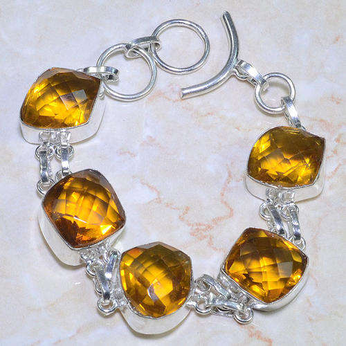 CHECKERBOARD CUT MADEIRA ORANGE CITRINE NATURAL GEMSTONE 925 SILVER BRACELET 7-7.75"