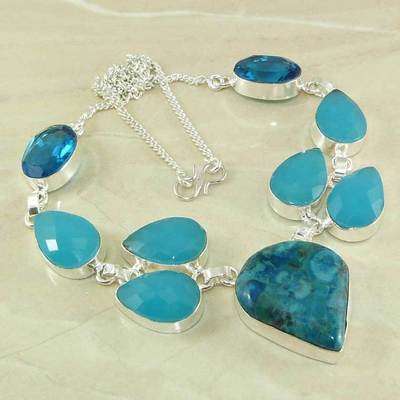 MEXICAN BIRDS EYE JASPER, PARIS BLUE TOPAZ, FACETED AGATE NATURAL GEMSTONE 925 SILVER NECKLACE 19"