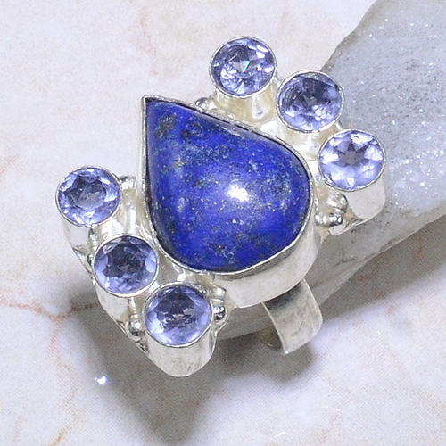 STUNNING LAPIS LAZULI WITH PYRITE FLECKS & AMETHYST NATURAL GEMSTONE 925 SILVER RING #6.5