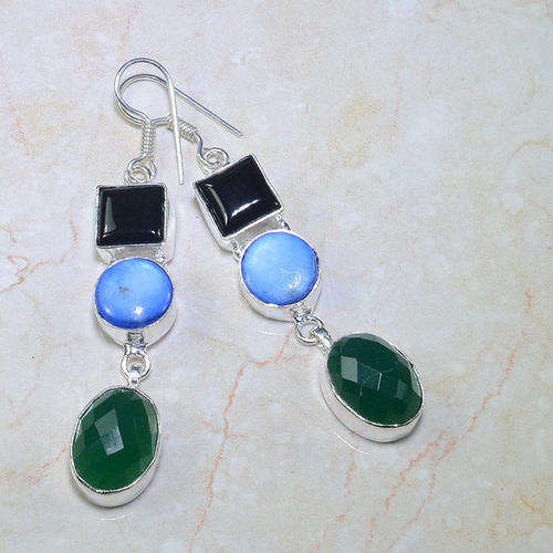 CKB CHRYSOPRASE, BLACK ONYX, MOTHER OF PEARL NATURAL GEMSTONE 925 SILVER EARRINGS 2.5"