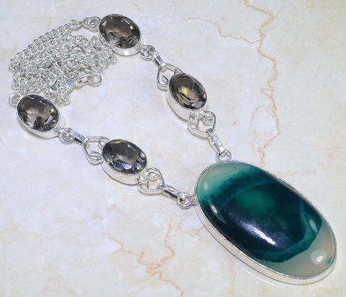 "LARGE BOTSWANA AGATE" & SMOKY QUARTZ NATURAL GEMS 925 SILVER NECKLACE 19.5" (OTHER ITEMS LISTED)