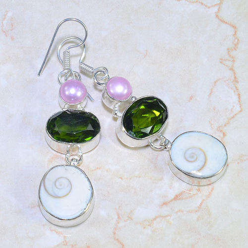SHIVA SHELL, PERIDOT GREEN QUARTZ, RIVER PEARL NATURAL GEMSTONE 925 SILVER EARRINGS 2.25"