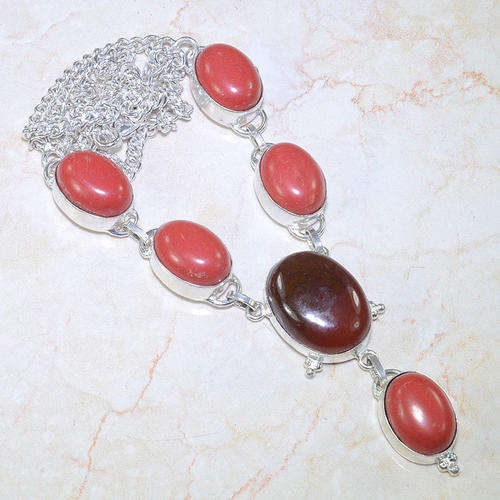 REFRESHING RED CORAL & AGATE NATURAL GEMSTONE 925 SILVER NECKLACE 20"