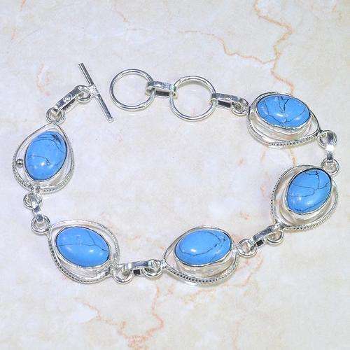 EXOTIC BLUE TURQUOISE NATURAL GEMSTONE 925 SILVER BRACELET 7.5-8.5"