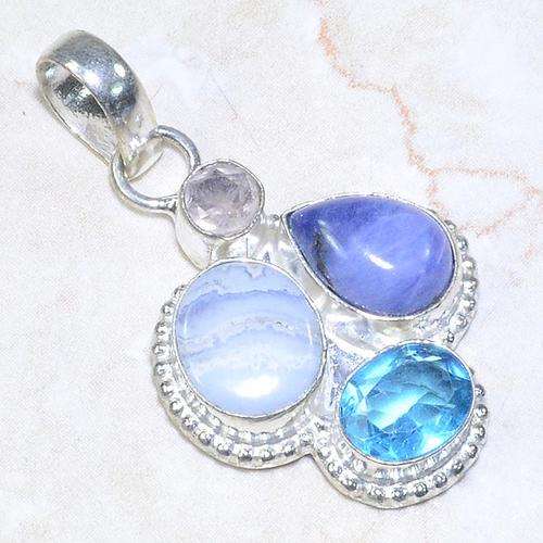SMOKY QUARTZ, APATITE BLUE QUARTZ, BLUE LACE AGATE & SODALITE NATURAL GEMS 925 SILVER PENDANT 2.75"