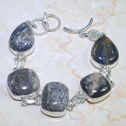 UNUSUAL DENDRITIC AGATE NATURAL GEMSTONE 925 SILVER BRACELET 8-8.75"
