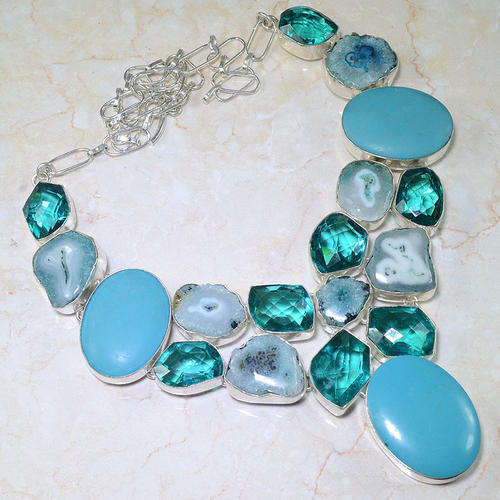 EXQUISITE CKB CUT PARAIBA TOURMALINE QUARTZ & OTHER NATURAL GEMSTONE 925 SILVER NECKLACE 20.5"
