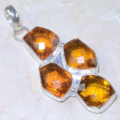 BLAZING CHECKERBOARD CUT MADEIRA ORANGE CITRINE NATURAL GEMSTONE 925 SILVER PENDANT 2.75"