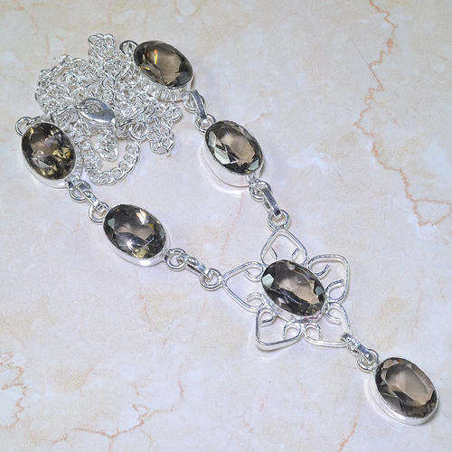 PERFECT FOR WINTER SMOKY QUARTZ NATURAL GEMSTONE 925 SILVER NECKLACE 21"