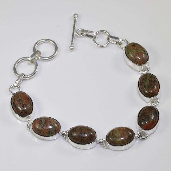 AMAZING COLOURS - UNAKITE NATURAL GEMSTONE 925 SILVER BRACELET 7.25-8"