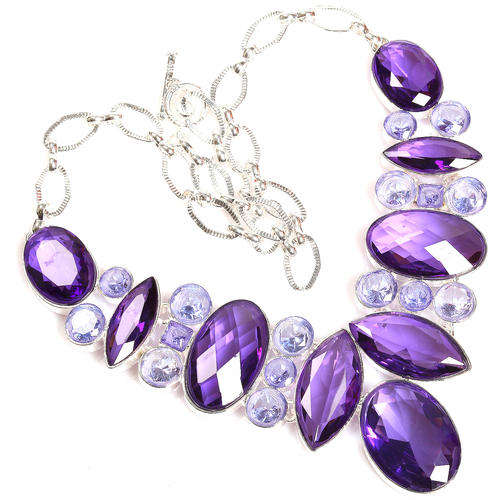 CLASSY BRAZILIAN & AFRICAN AMETHYST NATURAL GEMSTONE 925 SILVER NECKLACE 20.5"