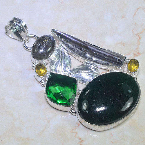 AVENTURINE, QUARTZ, BIWA PEARL, LABRADORITE, CITRINE NATURAL GEMSTONE 925 SILVER PENDANT 3"