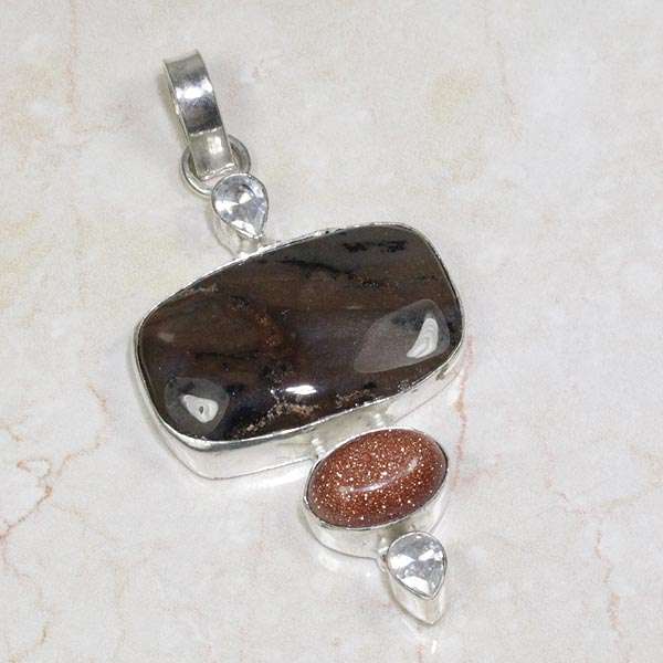 JASPER, GOLD SUN SITARA, WHITE TOPAZ NATURAL GEMSTONE 925 SILVER PENDANT 2.75"