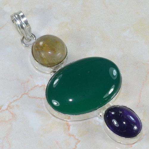 CHRYSOPRASE, RUTILATED QUARTZ, AMETHYST NATURAL GEMS 925 SILVER PENDANT 3" - WITH FREE SILVER CHAIN